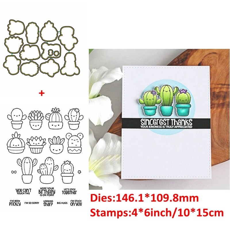 QWELL Cactus Plants Metal Cutting Dies And Clear Stamps Words Sentences DIY Scrapbooking Craft Paper Cards Making Template: Dies and Stamps