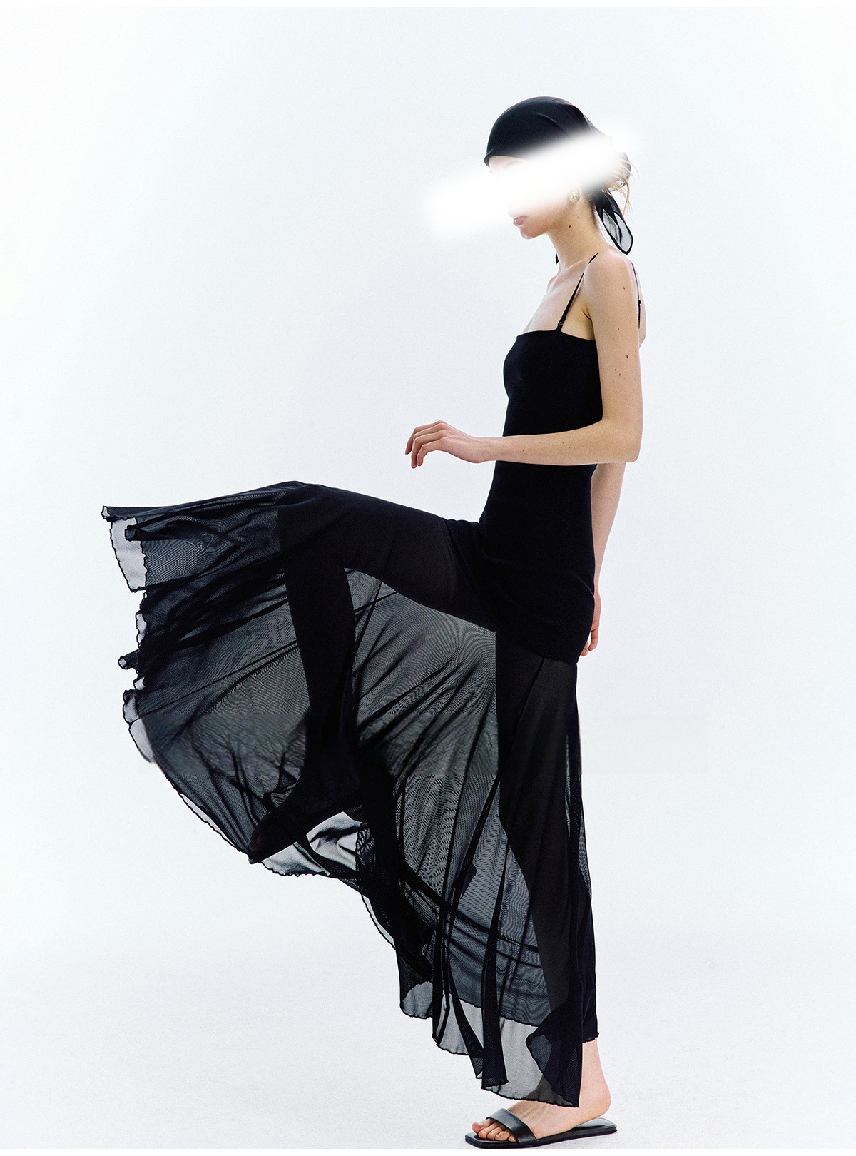 2025 Sommer lang Rock Hosenträger Kleid Pro abnehmen gerippt Spleißen Gittergewebe Elastizität zwei tragen Gurt Kleid: S / Schwarz
