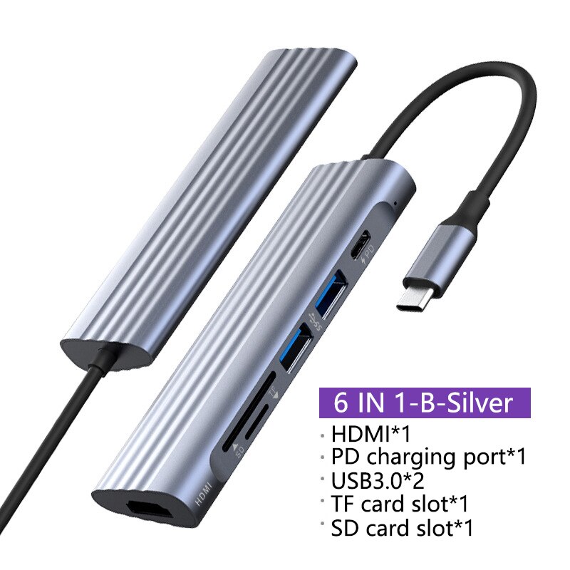 GOOJODOQ USB C HUB Type C to Multi USB 3.0 HUB HDMI Adapter Dock for MacBook Pro Huawei Mate 40 USB-C Splitter Port Type C HUB: 6 IN 1-B-Silver