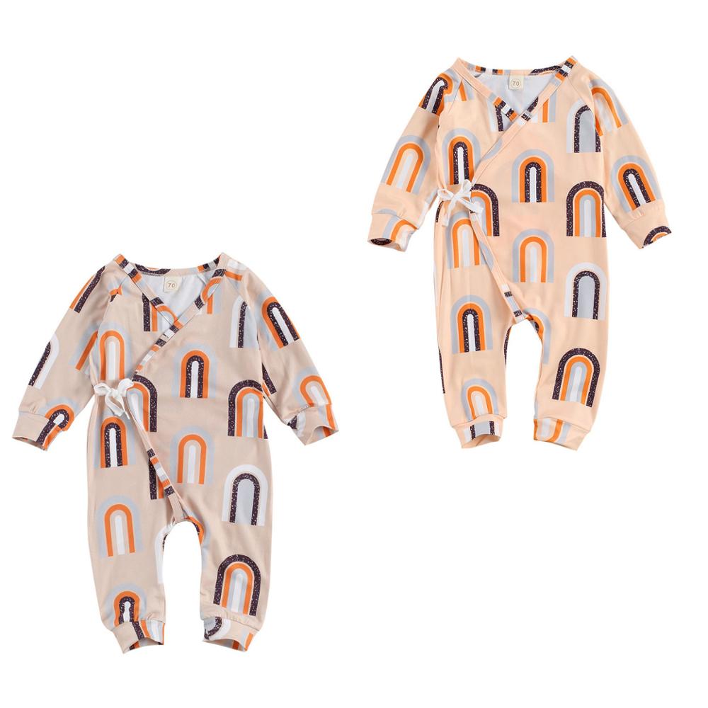 Lioraitiin 0-24m bebê recém-nascido menina moda macacão manga longa arco-íris impresso v-neck macacão outfti 2 estilos