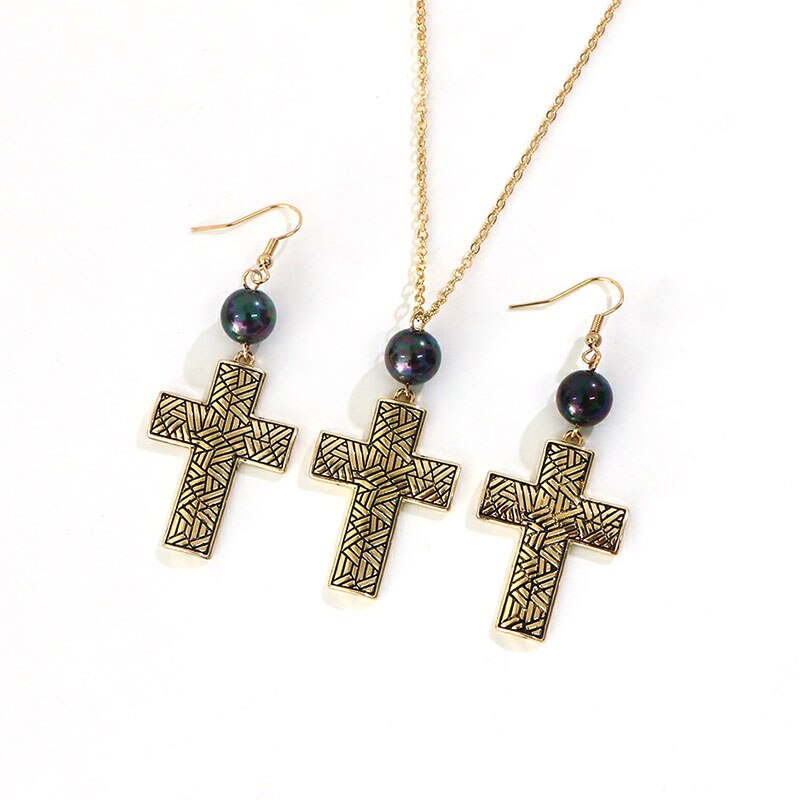 KOMi Polynesian Hawaiian Samoa Marshall Style Glass Bead Pearl Hollow Cross Heart Flower Charm Necklace Earrings Jewelry Set: K6724