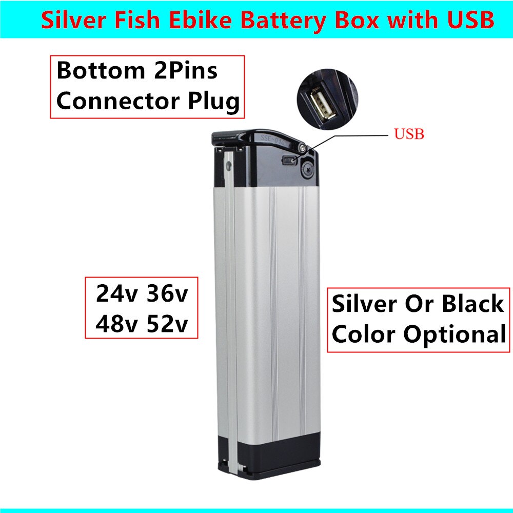 Bottom Plug Connector Silver Fish Ebike Battery Box with USB 24v 36v 48v 52v City Bike Folding Bike Fat Bike E-bike Battery Box