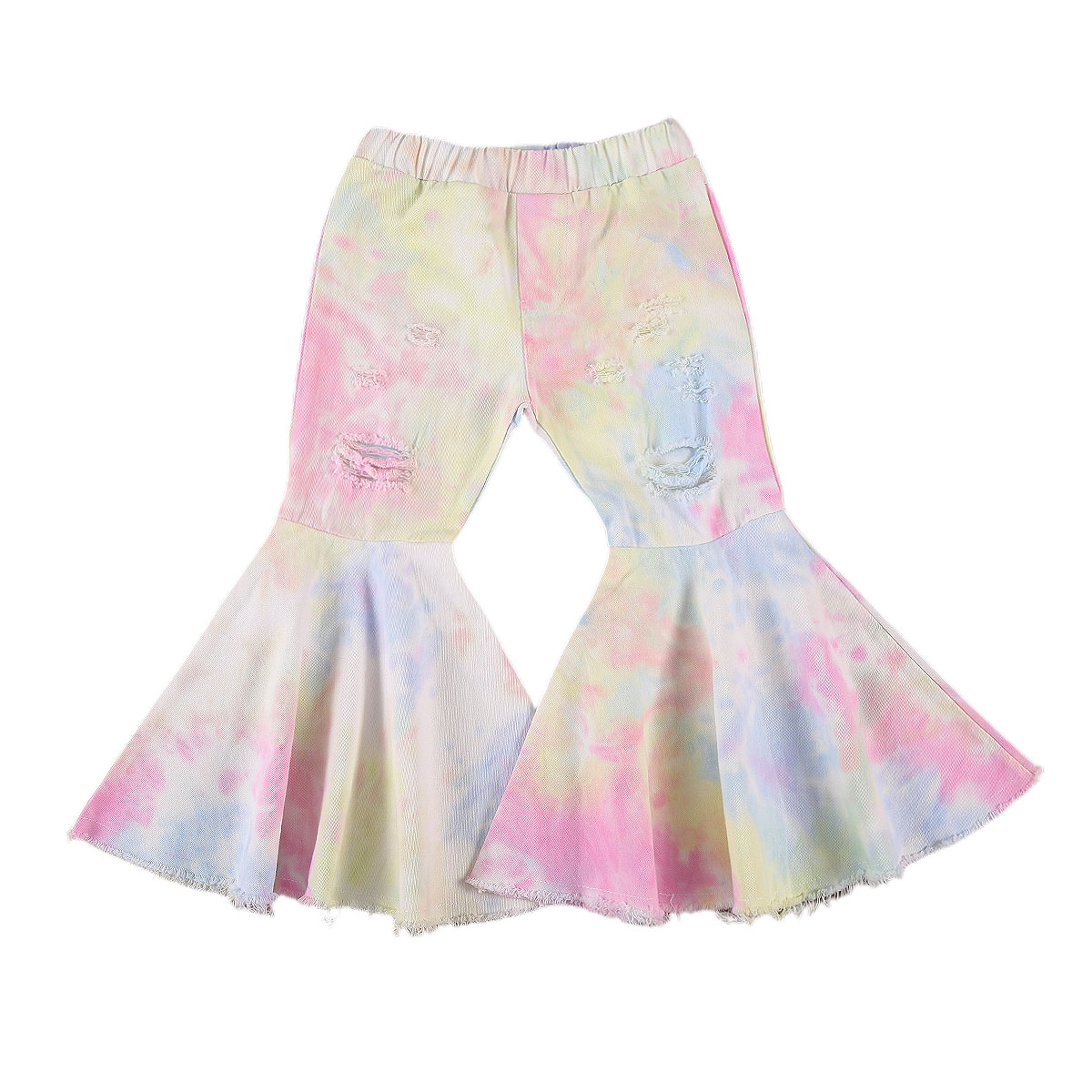 1-6T Toddler Baby Little Girls Autumn Spring Flare Pants, Stylish Ripped Tie Dye Printed Bell Bottom Pants Fall Clothes