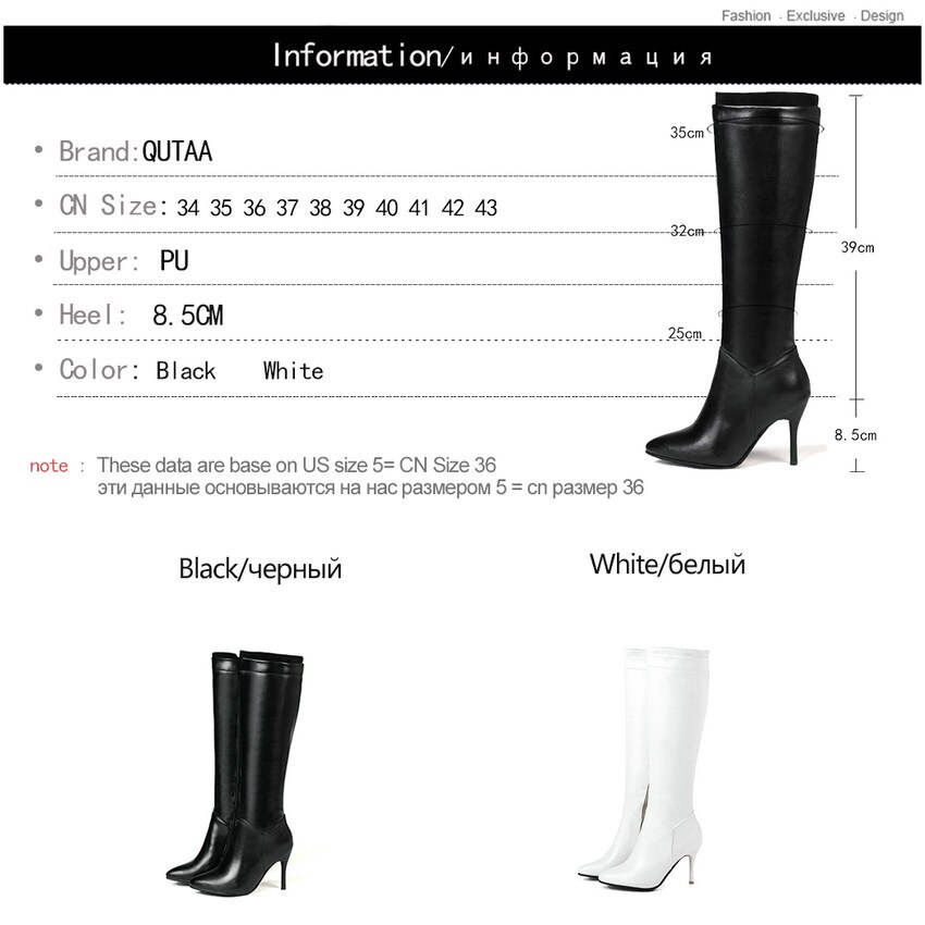 Qutaa naisten yli polven saappaat pu nahka naisten kengät ohut korkokengät vetoketju naisten saappaat iso koko 34-43