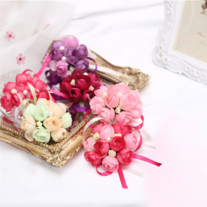10pcs/lot Wrist Flowers Prom Wrist Flower Girls Bridesmaid Hand Flowers Wrist Corsage Bracelet Lace-up Flower Wedding Supply