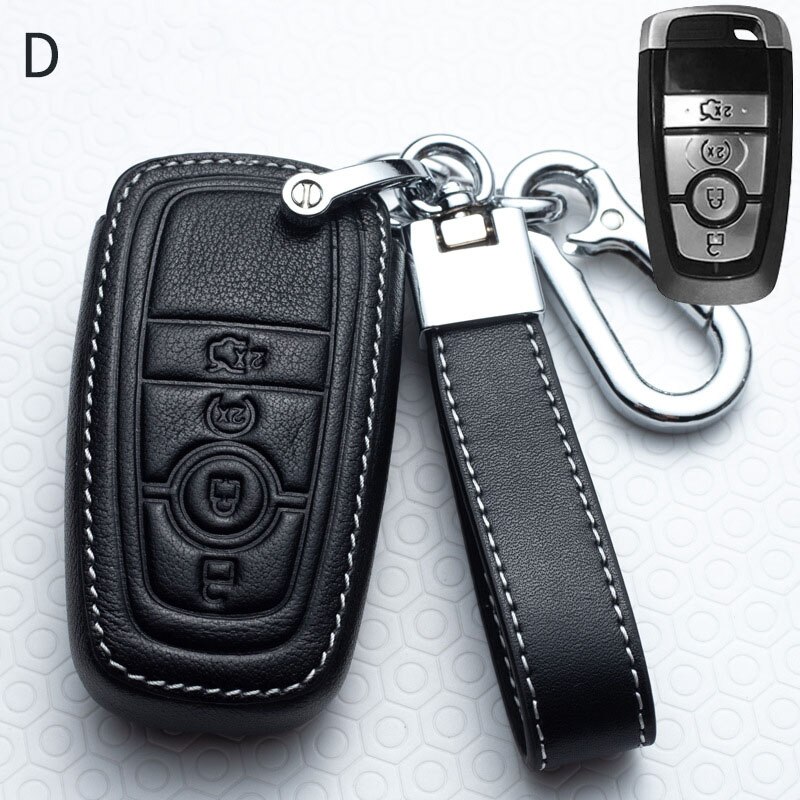 Leather Car Key Cover Key Case For Ford Focus Fiesta Mondeo Kuga Escape Fusion Mustang Explorer Edge Ecosport: D-Black
