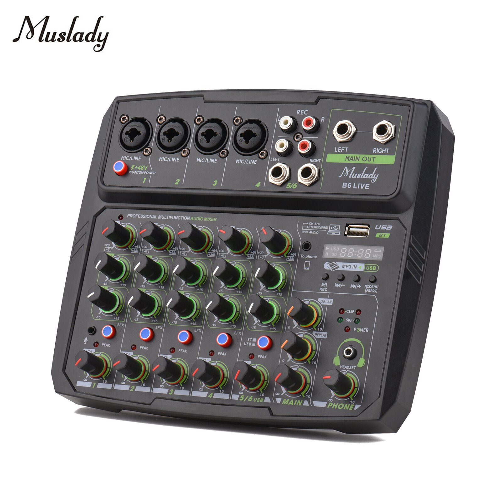 Muslady 4 / 6-Channel Audio Mixer Mixing Console LED Screen Built-in Soundcard BT Connection with 2-band EQ Gain Delay Control
