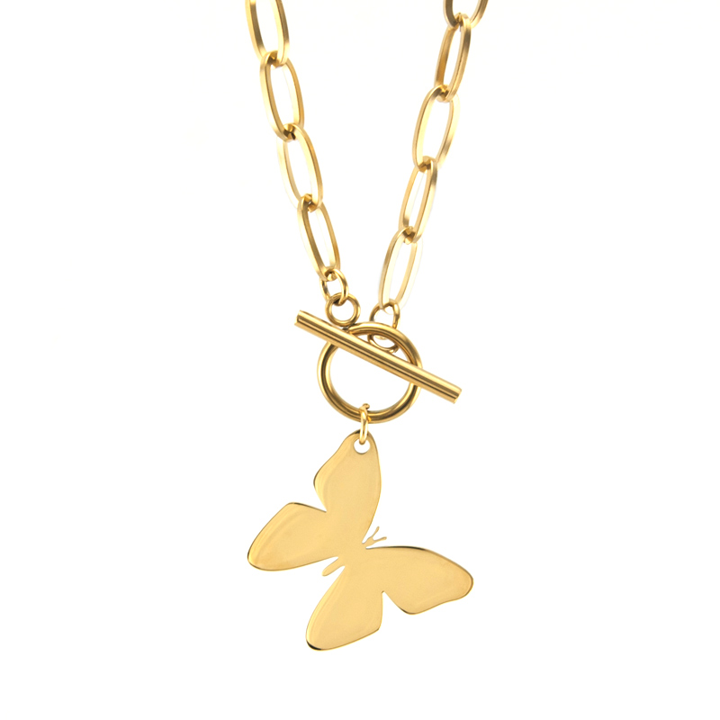 Stainless steel Jewelry WOMEN NECKLACE Butterfly Pendant Short CHOKER GOLD COLOR Toggle PENDANT NECKLACE collares Collier: 32mm-Gold- / 50cm