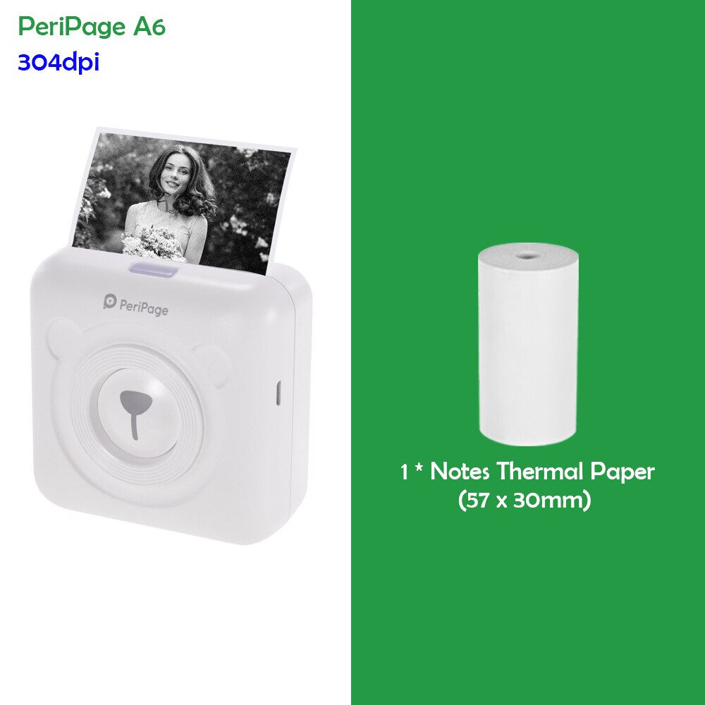 PeriPage A6 Mini Pocket Printer 304DPI Wireless BT Thermal Printer Picture Photo Label Memo Notes Journal Receipt Paper Printer: White