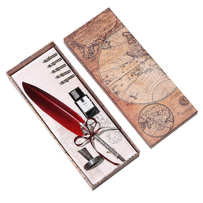 Luxury Fountain Pen Set Colorful Vintage Feather Pen Classic Calligraphy Ink Pens Dip Quill for Student Writing Pen Box set: 23