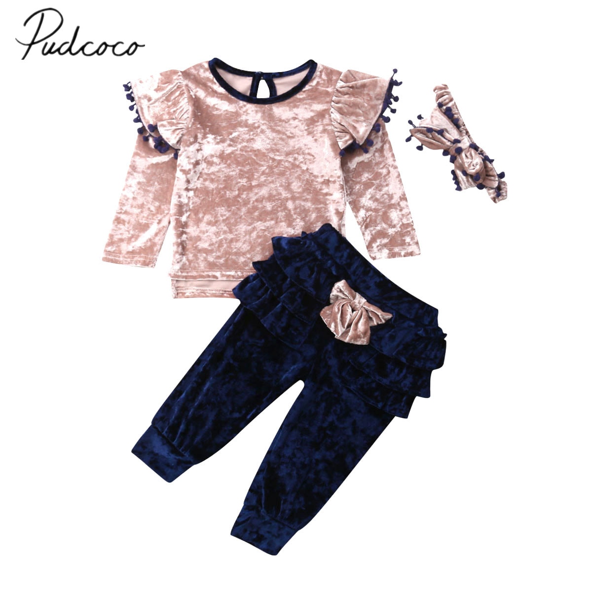 Baby Spring Fall Clothing Toddler Kids Baby Girl Clothes Velvet Ruffle Bow Tops Shirts Long Pants 3Pcs Outfit Set 1-6Y