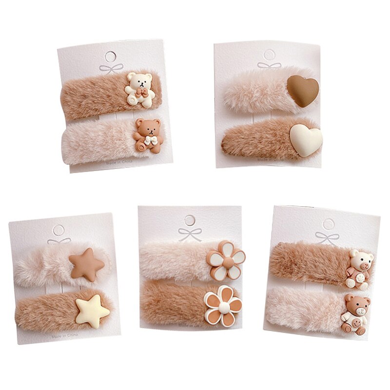 2 Stuks Faux Fur Baby Haar Clips Voor Meisjes Haarspelden Leuke Ster Hart Beer Kids Hair Pin Accessoires Baby Barrette hoofddeksels