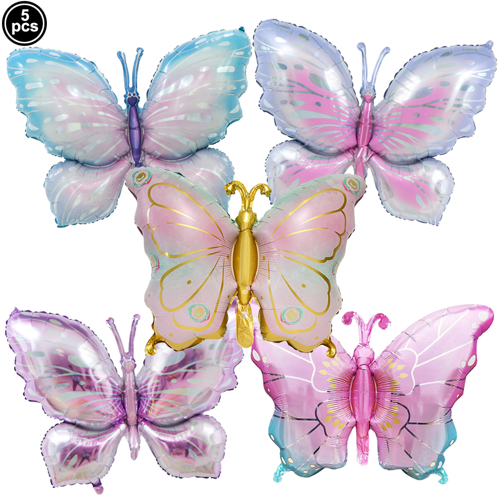 5 uds. Globos coloridos de papel de aluminio con forma de mariposa, globos con temática de mariposa, decoraciones para de cumpleaños, boda, Baby Shower
