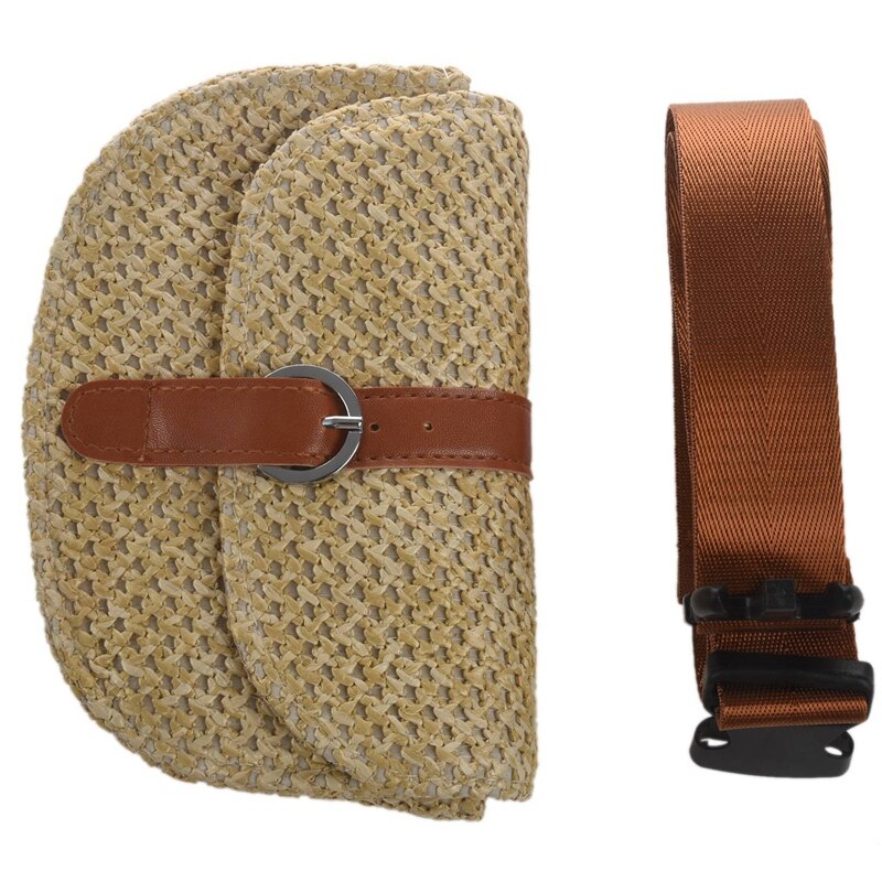 2x Women Straw Waist Chest Bag Fanny Bag Small Beach Bag Female Shoulder Messenger Bags(Pink Brown&Light Brown)