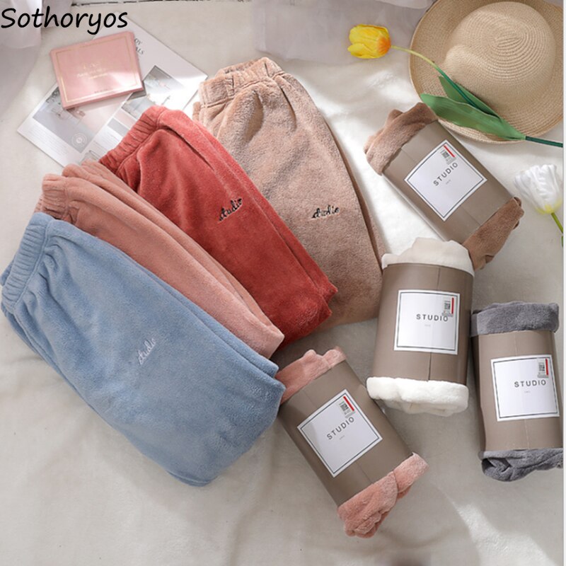 Pyjama en molleton de corail pour femmes, pantalon chauffant thermique, ample, Simple, Chic, loisirs, fourrure, , automne et hiver