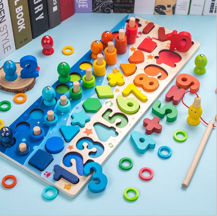 Montessori Giocattolo Di Legno 3D Alfabeto Colorato Puzzle Di Numero di Forma Geometrica Cognizione di Pesca Conteggio Giocattoli Educativi Per I Bambini: Brown