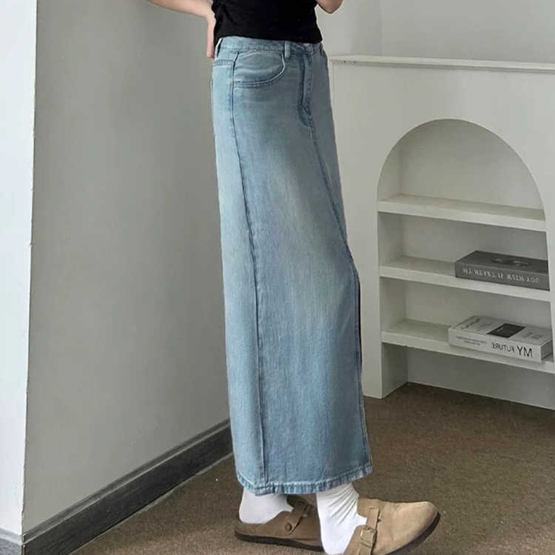 S -3xl denim nederdele kvinder sommer tynde højtaljede slidser mellemlange a-linje wrap hofter nederdel damejeankjoler street wear