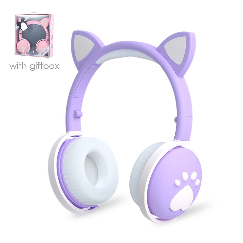 Cute cat Ear Paw Headset Glowing Kids Wireless Bluetooth 5.0 Headphones daughters Girls Earphones with Mic Children: C with box