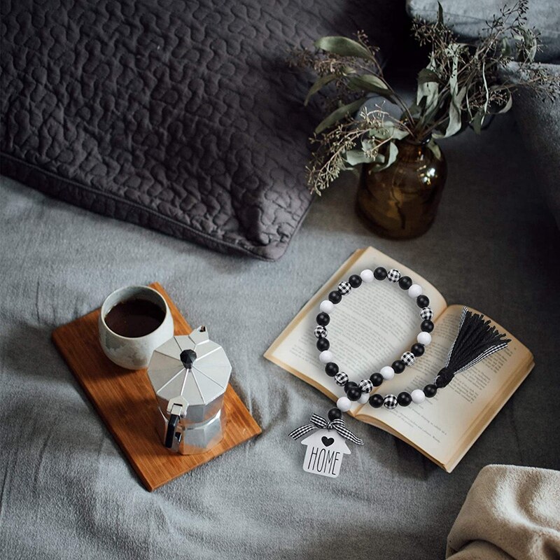 Farmhouse Wood Bead Garland,Black &amp; White Plaid Rustic Wooden Beads with Tassels for Farmhouse Tiered Tray Decor