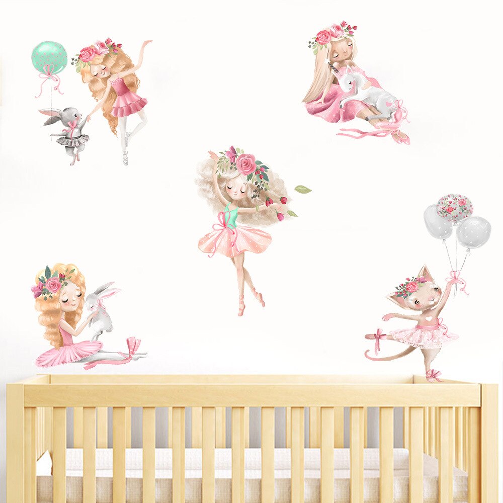 Girl Sticker Ballet Dancing Rabbits PVC Decorative Wall Stickers for Home Nursery Office Dorm Mural Decals Cartoon Wallpaper