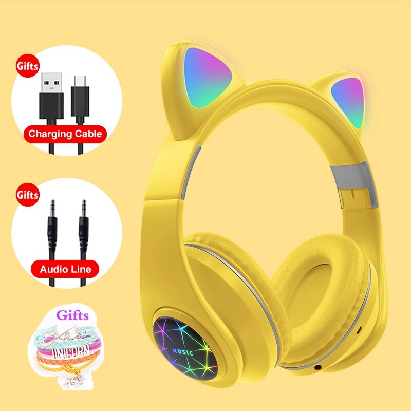 RGB Cat Ear Headphones Bluetooth 5.0 Noise Cancelling Adults Kids girl Headset Support TF Card FM Radio With Mic bracelet: yellow