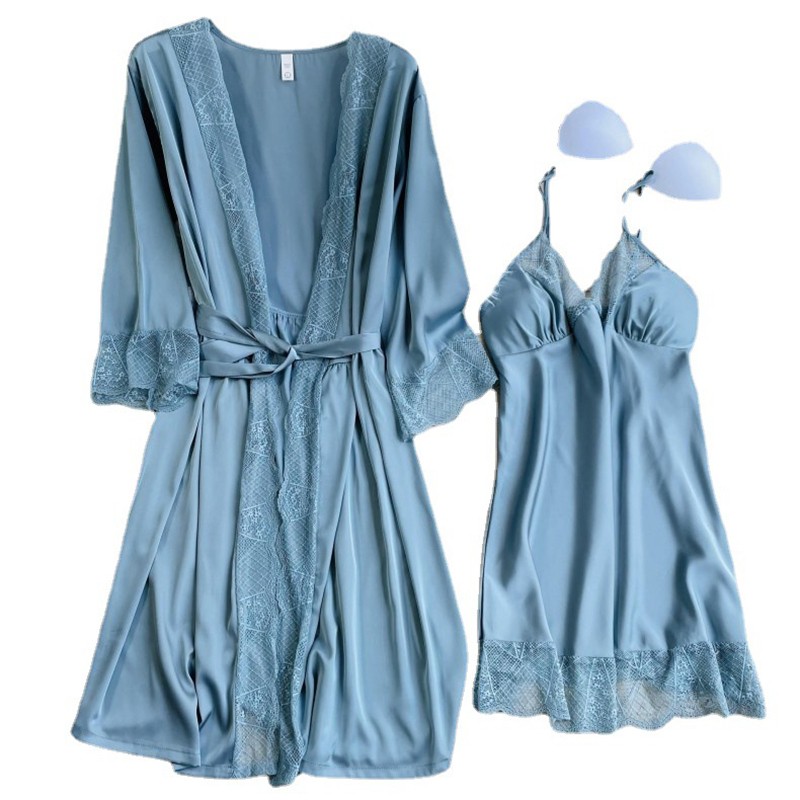 Bata roja de seda sintética para mujer, ropa de dormir de encaje dulce, camisón Sexy con cuello en V, vestido de primavera y otoño para el hogar