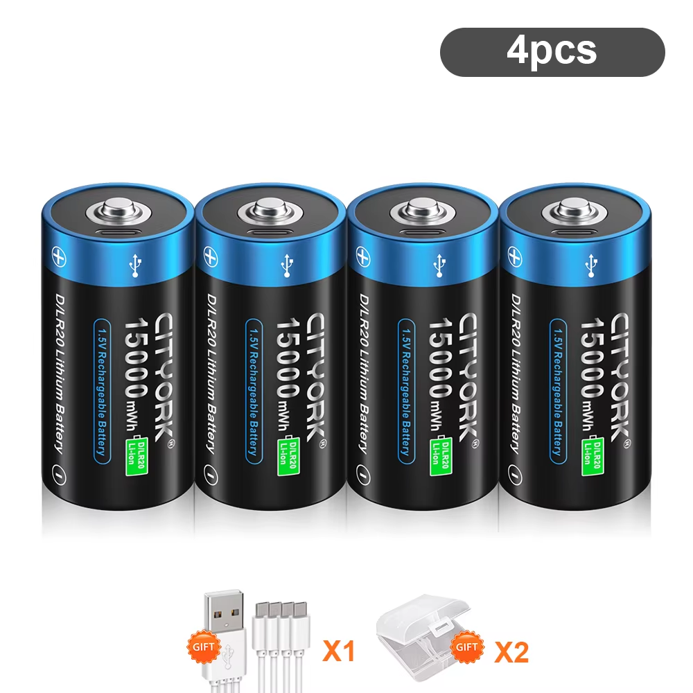 CITYORK-batería de litio recargable tamaño D, 1,5 V, carga USB, baterías de iones de litio R20 LR20 con USB para estufa de Gas, linterna de agua: Rojo