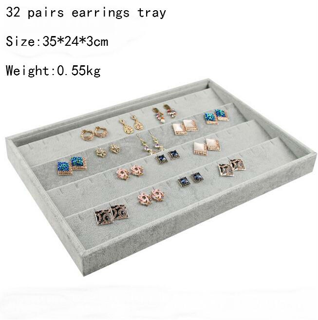 High Leve-Anillo de terciopelo gris para pulsera, collar, colgante de reloj, pendiente de tuerca, bandeja de joyería de catenaria de mano, soporte de placa de exhibición: 32 pair earring tray