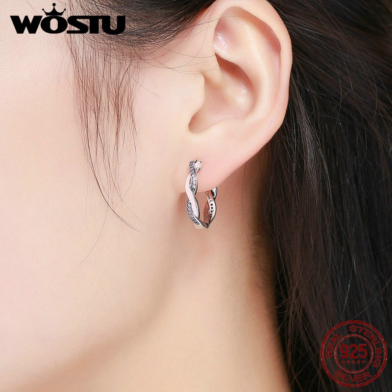 WOSTU Authentische 100% 925 Sterling Silber Rosa & klar CZ Twist Von Schicksal Band Ohrringe für Frauen Ohrringe Schmuck BKE297