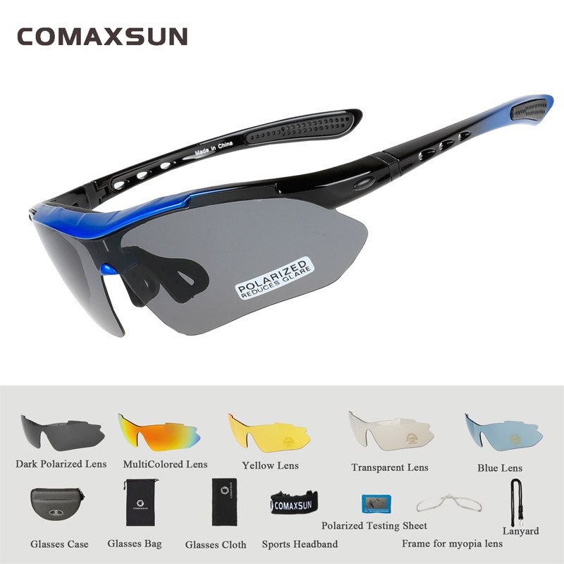 COMAXSUN Polarized Cycling Glasses Bike Goggles Outdoor Sports Bicycle Sunglasses UV 400 With 5 Lens TR90 2 Style: Style 1 BLACK BLUE