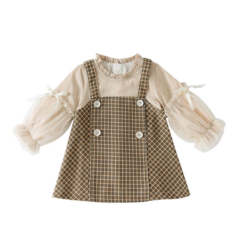 Filles automne Plaid faux deux pièces manches bouffantes robe de princesse Style britannique jupe décontracté complet au-dessus du genou, Mini coton régulier
