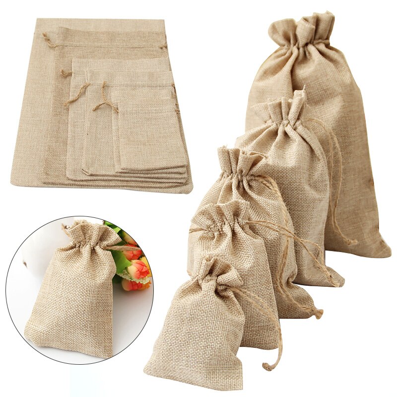 Jute Cotton Linen Drawstring Bag Burlap Packing Pouches Candy Jewelry Storage Bags For Wedding Christmas Jewelry Packaging