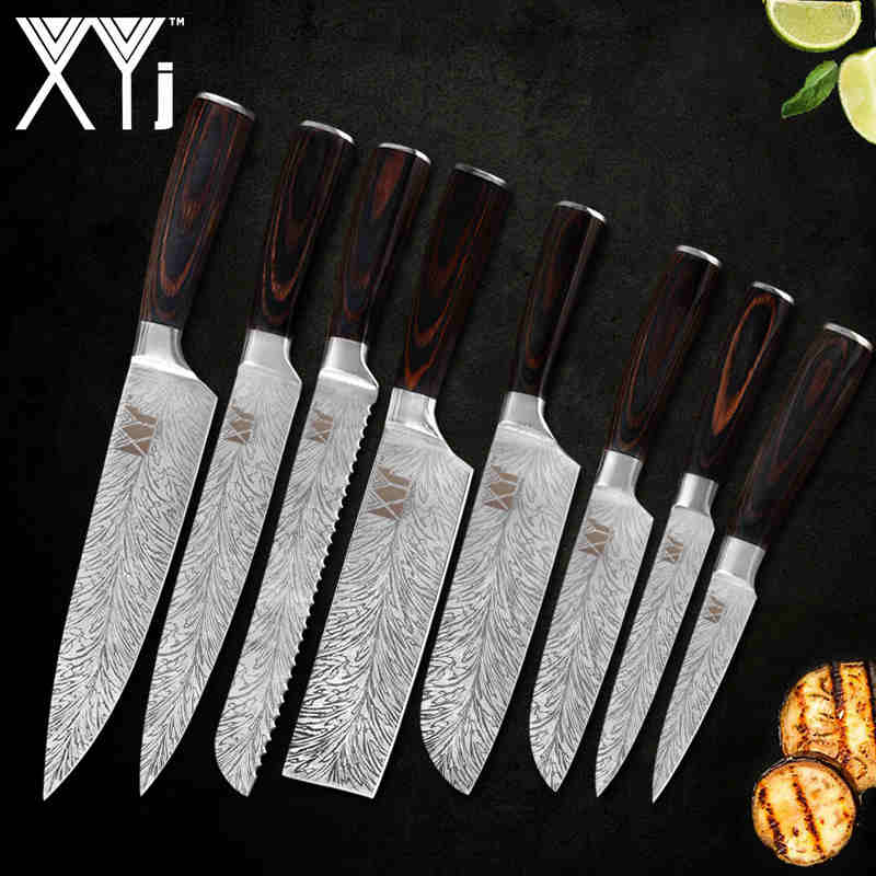 Xyj 6 '' 8 '' kjøkkenknivholder stativ rustfritt stål 7 cr 17 damaskus årer blad farge trehåndtak kniv kjøkkentilbehør