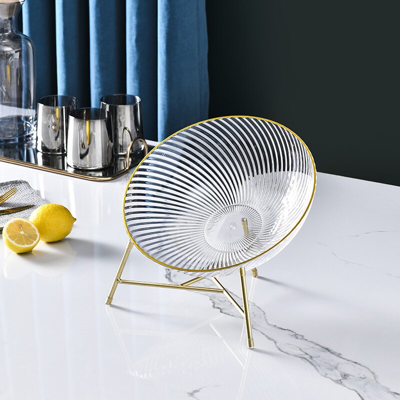 Cuencos de plástico para servir frutas, Bol redondo transparente para ensalada, plato de aperitivos con borde dorado, con estante de Metal, contenedor de comida para: Clear with Rack