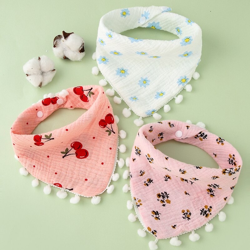 3 Stuks/partij Baby Pompom Slabbetjes Driehoek Dubbele Katoen Slabbetjes Print Speeksel Handdoek Baby Jongens Meisjes Voeden Schort Katoen Bandana Slabbetjes
