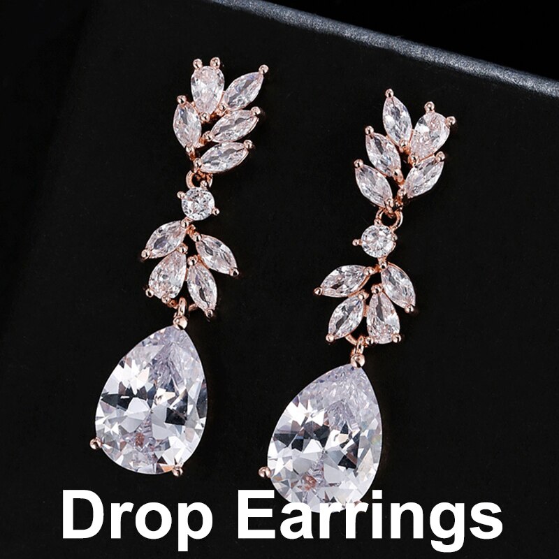 Leaf Zircon Clips Earrings for Women Silver Color Water Clip Earings Long Crystal Wedding Ear Cuff Jewelry: Drops RoseGold E189