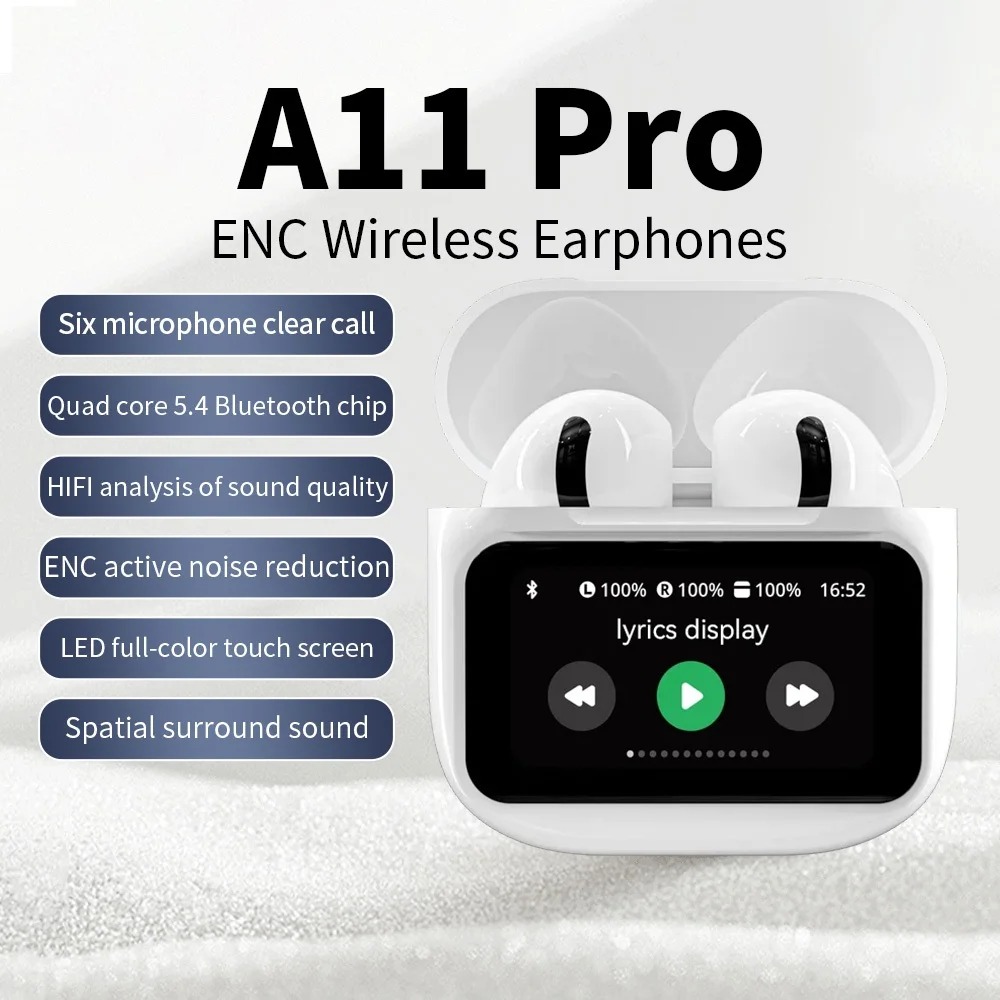 A11 Pro TWS Draadloze oordopjes Touch Control LCD-scherm Oortelefoon met ENC Ruisonderdrukking Super Bass Premium geluid Lange batterij