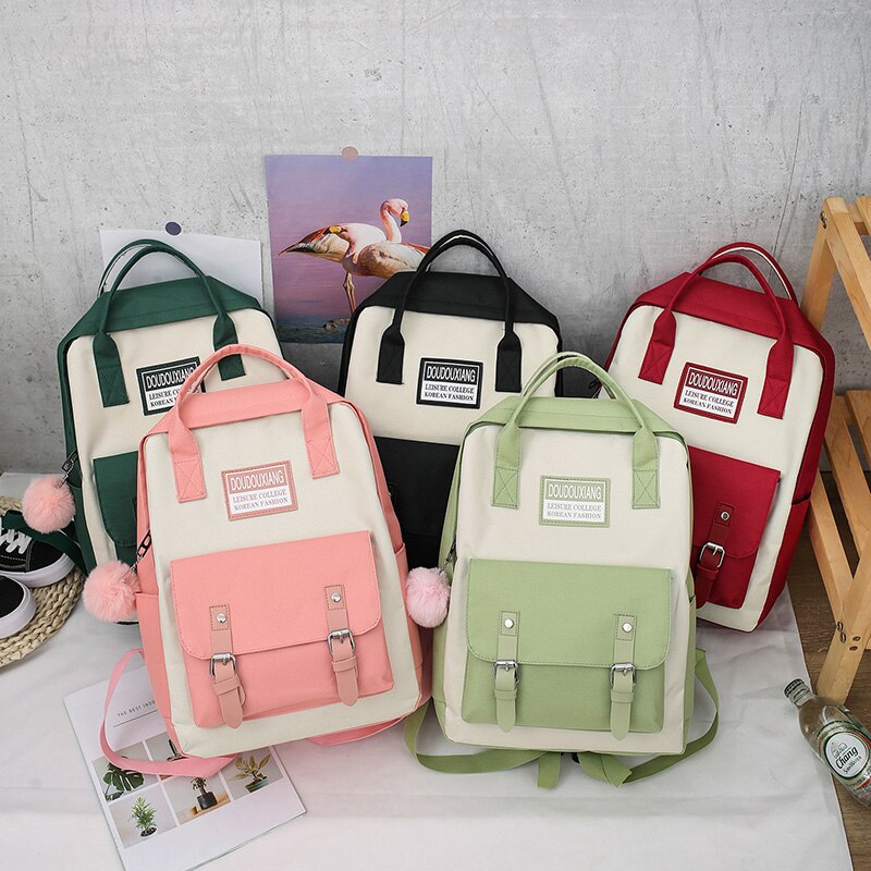 5 Delige Set Vrouwen Nylon Rugzak Snoep Kleur Waterdichte Schooltassen Tieners Meisjes Patchwork Rugzak Vrouwelijke Rugzak Mochila