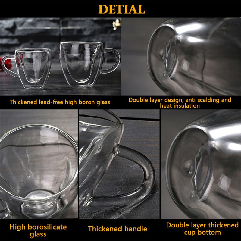 Drinking Glass Tea Cups Double Wall Layer Tea Cup Heat-resisting Heart-shaped Double Glass Juice Mug Milk Coffee Cup
