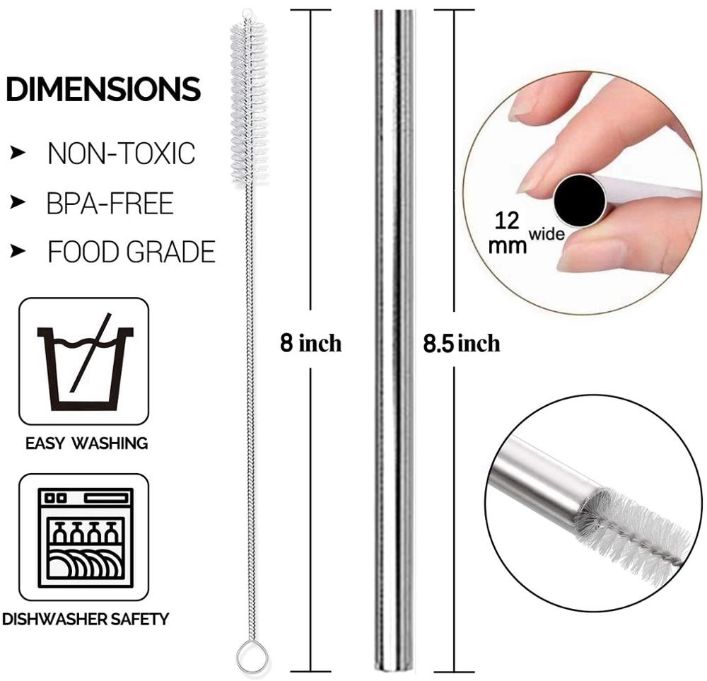 Large 12mm Bubble Tea Milkshake Straw Reusable Metal Straw 304 Stainless Steel Drinking Straws Set Bar Boba Straight Straw Tubes
