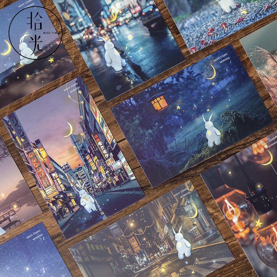 30 unids/set buenas noches con usted luminoso postal noche estrellada tarjetas de felicitación Tarjeta de mensaje de Navidad y Año