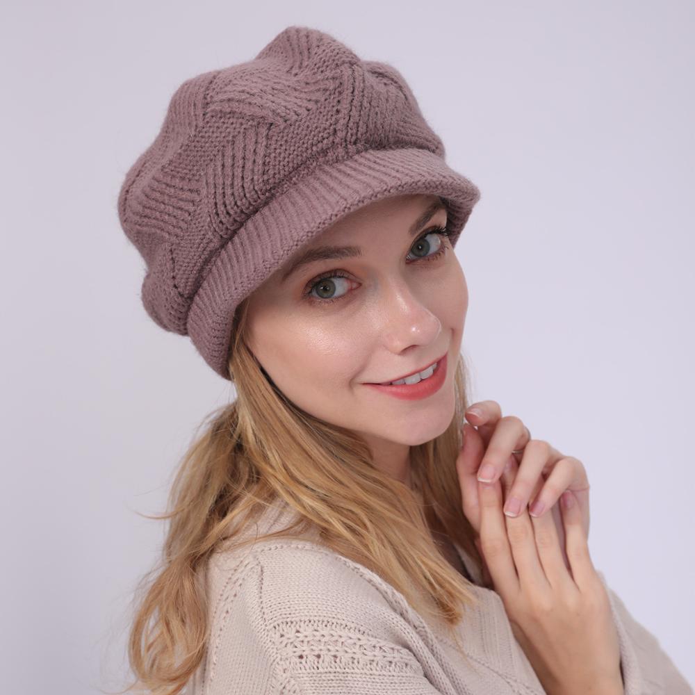 Chapeaux en laine tricotée Skullies, 1 pièce, bonnets de cyclisme en plein air en poils de lapin pour femmes, visières chaudes en polaire, couleur unie: Light Purple