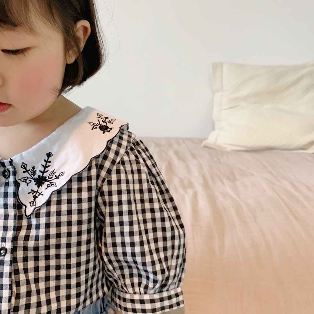 Baby Girls Embroidered Plaid Shirt Sweet Toddler Blouse Infant Summer Short Sleeve Children Cotton Shirts Kids Tops Pants