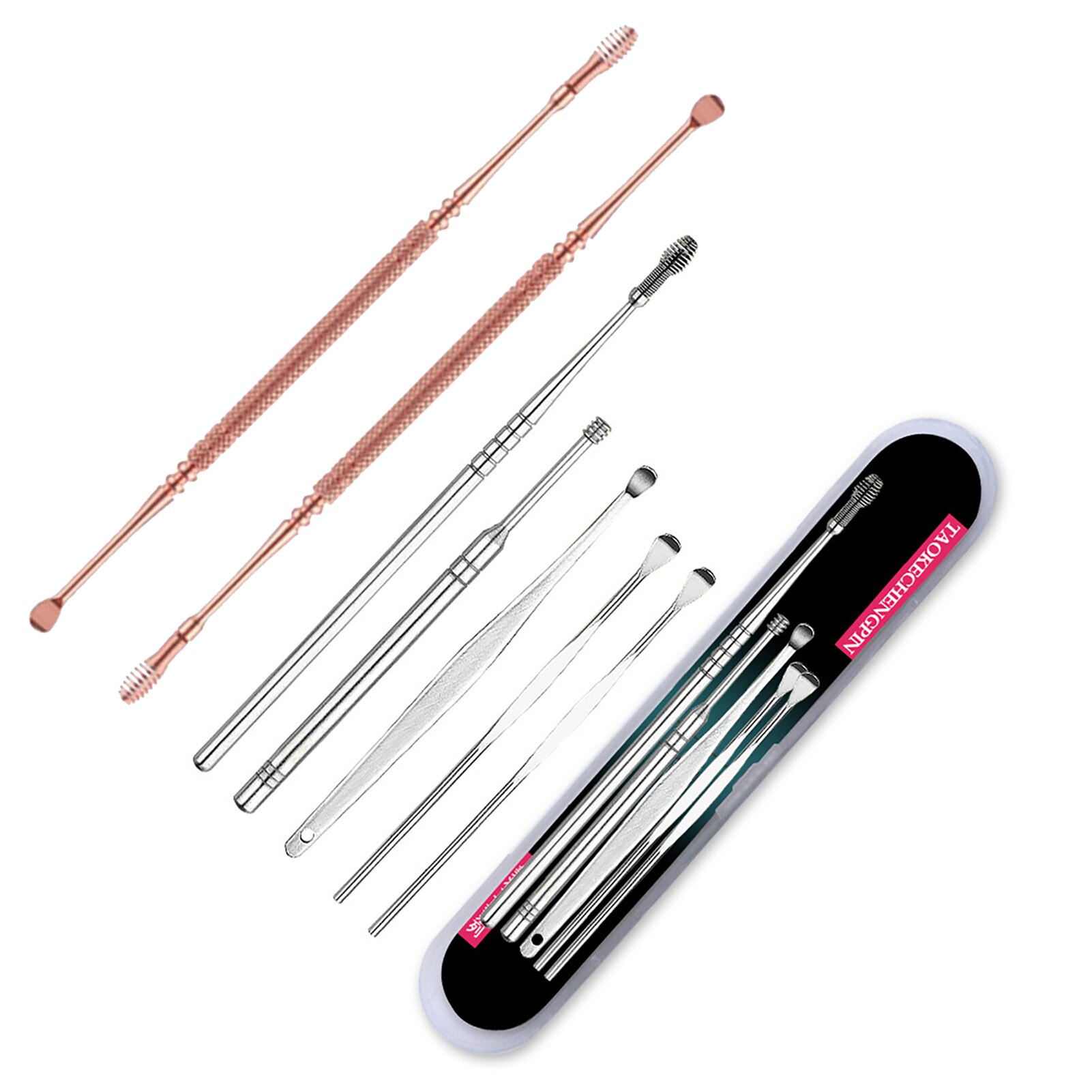 Cure-oreille de Massage en spirale à 360 °, nettoyeur de conduit auditif, en acier inoxydable, Flexible, outils de soins: 7 pcs