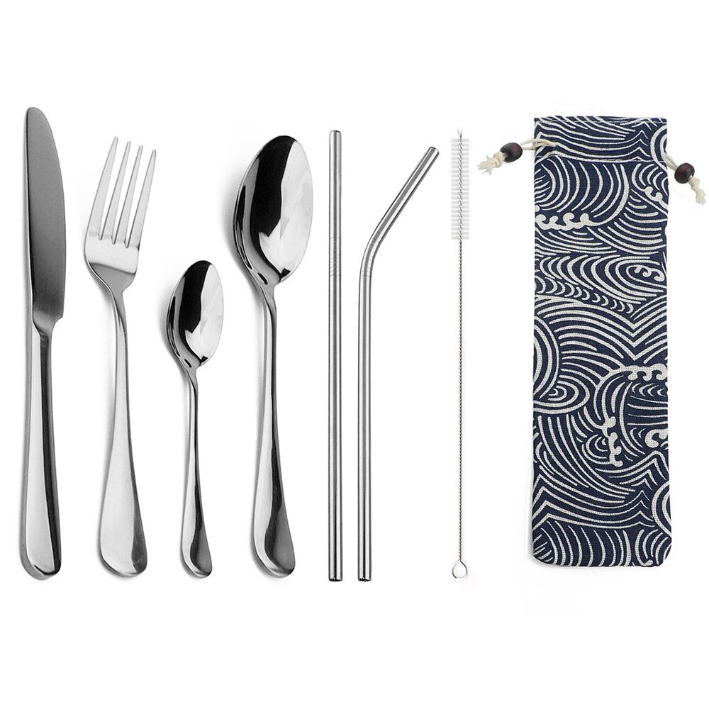 8 unids/set portátil vajilla de acero inoxidable 304 Set de Cubiertos con bolsa pajitas vajilla bolsa de viaje para Picnic: Silver F