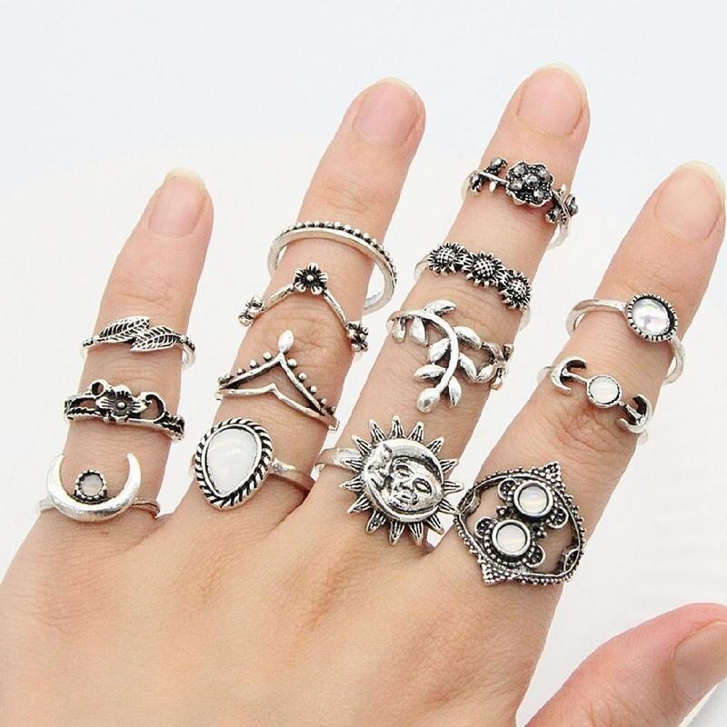 14 Stks/set Moon & Sun Knuckle Opal Set Blad Bloem Hart Kroon Ringen Voor Vrouwen Femme Boho Verklaring Jewelry