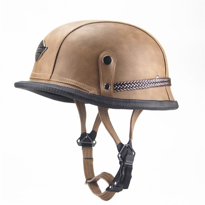 1X Dot Motorhelm Lederen Helm Voor Motorfiets Zwarte Motorfiets Open Gezicht Half Helm Retro Moto Helm: brown / L