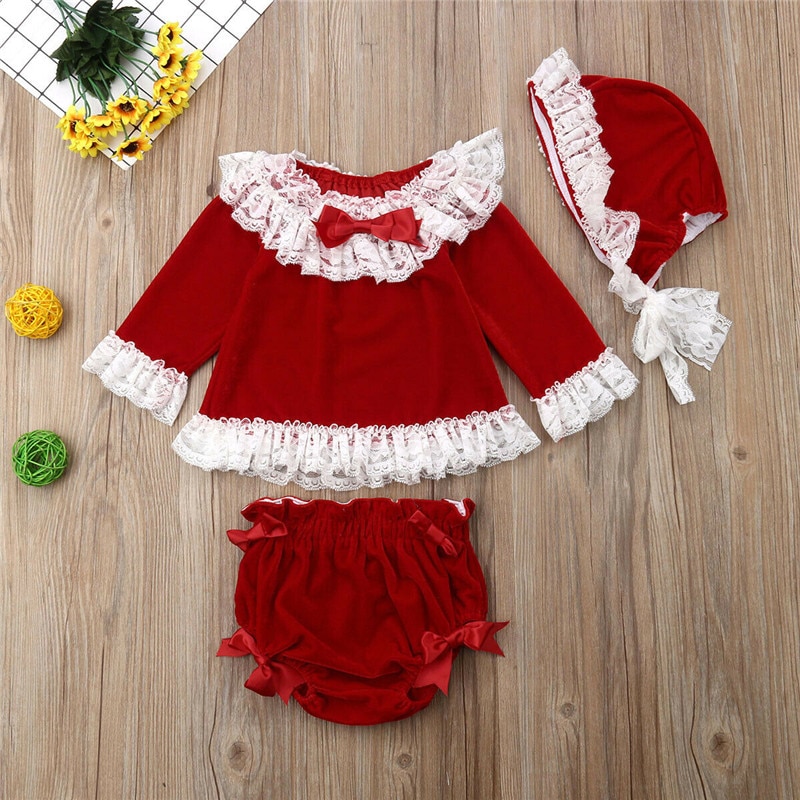 Adorable Kid Baby Girls Lace Velvet Tops Dress Pants Shorts Hat Outfit Clothes