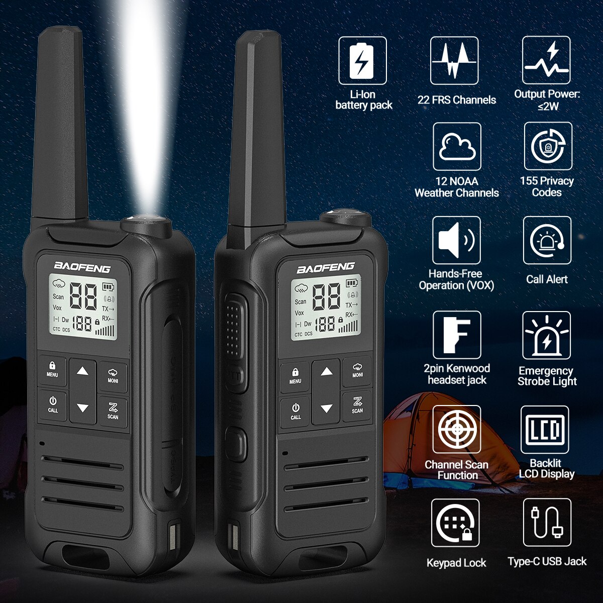 2 Stück baofeng f22 mini walkie talkie pmr446 frs tragbares Zwei-Wege-Radio-LCD-Display-Typ-C-Ladegerät für die Jagd