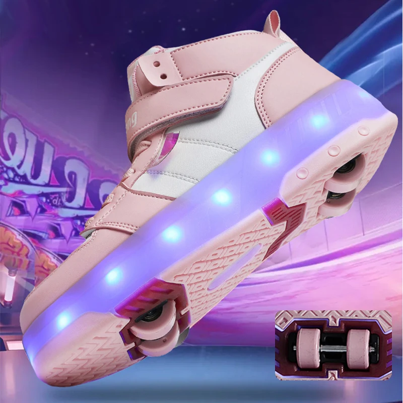 Roller Skates with Lights 4 Wheels Removable Wheels Shoes Men and Women High Top Breathable Sports Shoes Teenagers